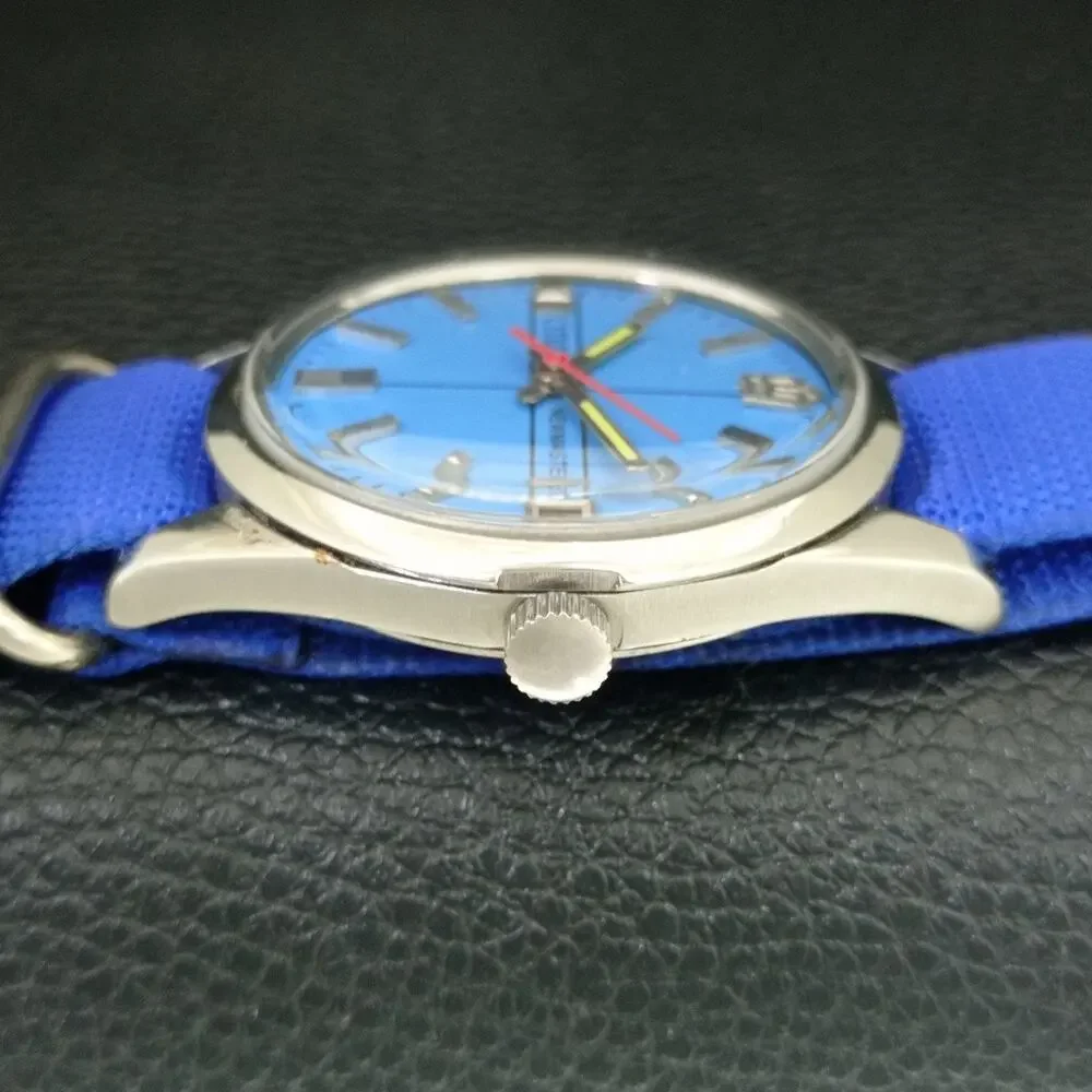 Vintage 1974 Citizen Manual Wound Mens Silver Watch W/Date & Blue accents